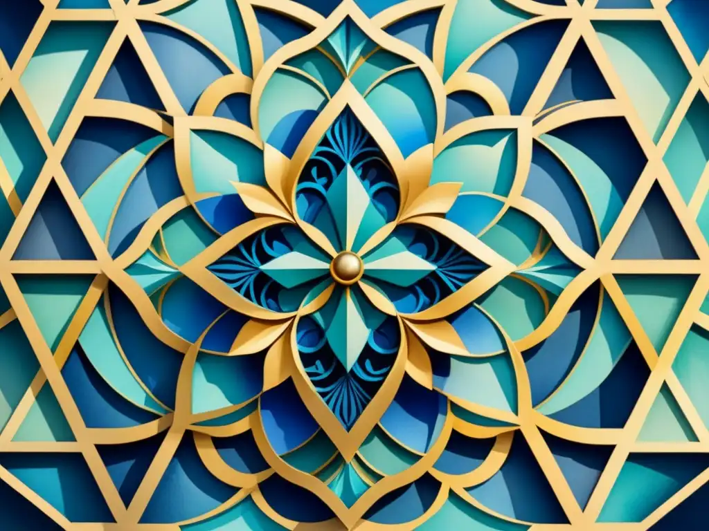 Una cautivadora pintura de acuarela inspirada en la geometría islámica en arte visual, con patrón geométrico en azul, turquesa y oro