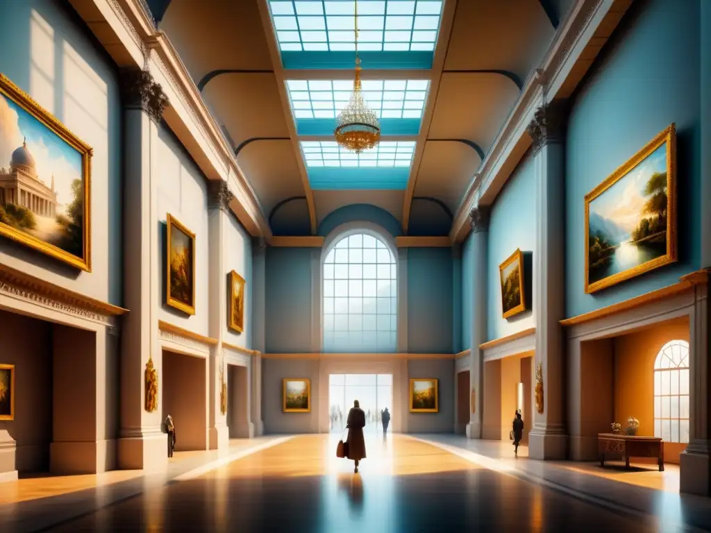 Una cautivadora pintura acuarela de un majestuoso salón de museo lleno de obras de arte