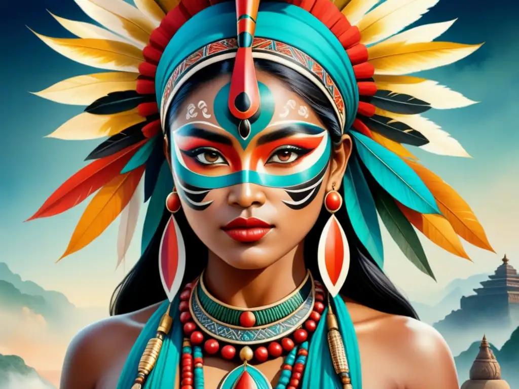 Una cautivadora pintura acuarela detallada de arte indígena y tribal cultural de todo el mundo, con patrones intrincados y colores vibrantes