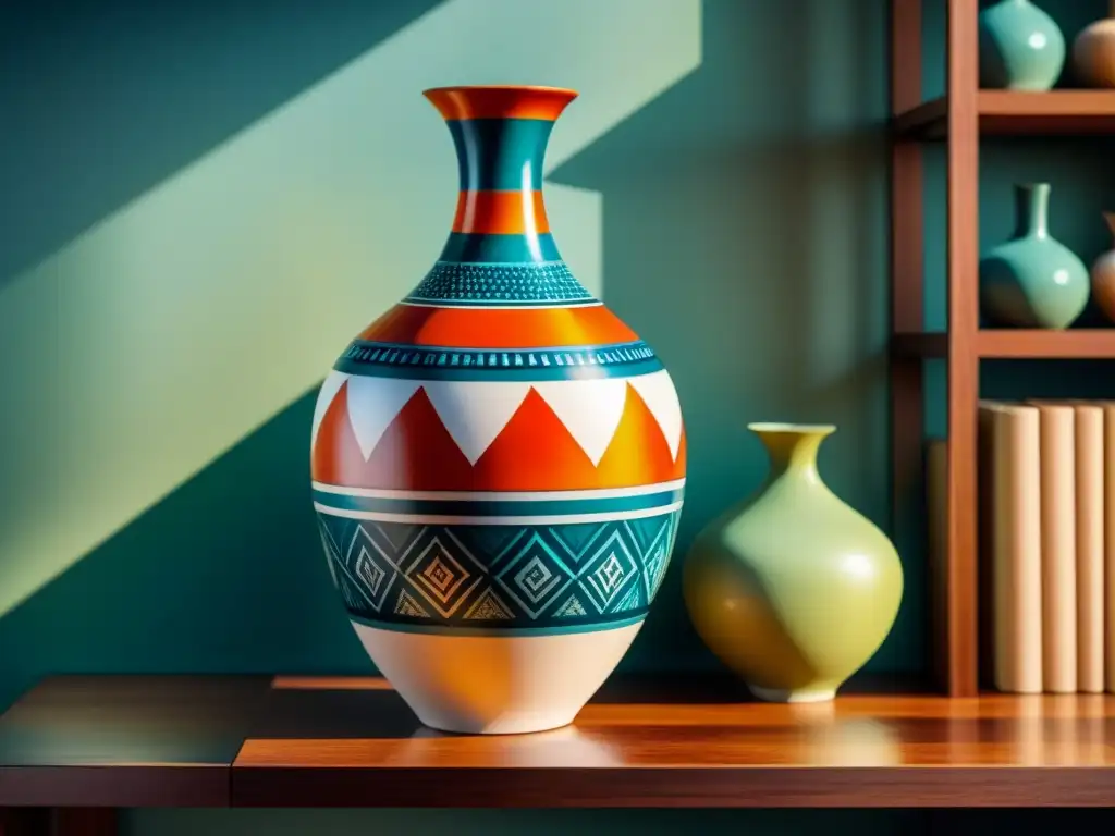 Acuarela detallada de jarrón modernista en vibrantes colores Cerámica modernista con patrones geométricos y colores vibrantes, destacada en estante de madera en una habitación iluminada por el sol