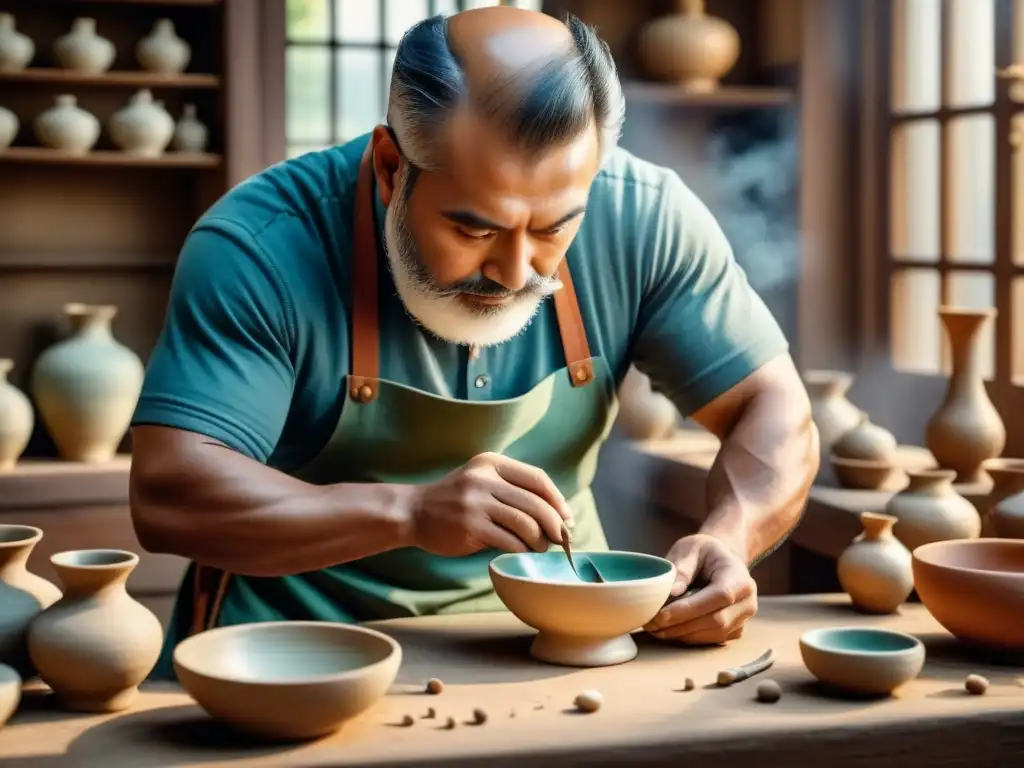 Restauración cerámica porcelana antigua: Detalle meticuloso de un artesano restaurando con destreza una pieza antigua bajo una suave iluminación