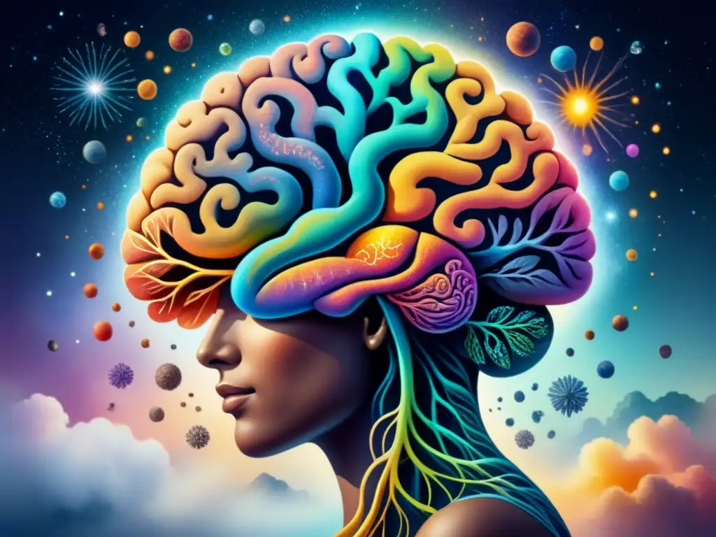 Galaxias cerebrales: un viaje entre arte y ciencia cognitiva Un cerebro humano vibrante de galaxias y senderos neuronales, rodeado de colores representando funciones cognitivas, fusionando artes visuales y ciencias cognitivas