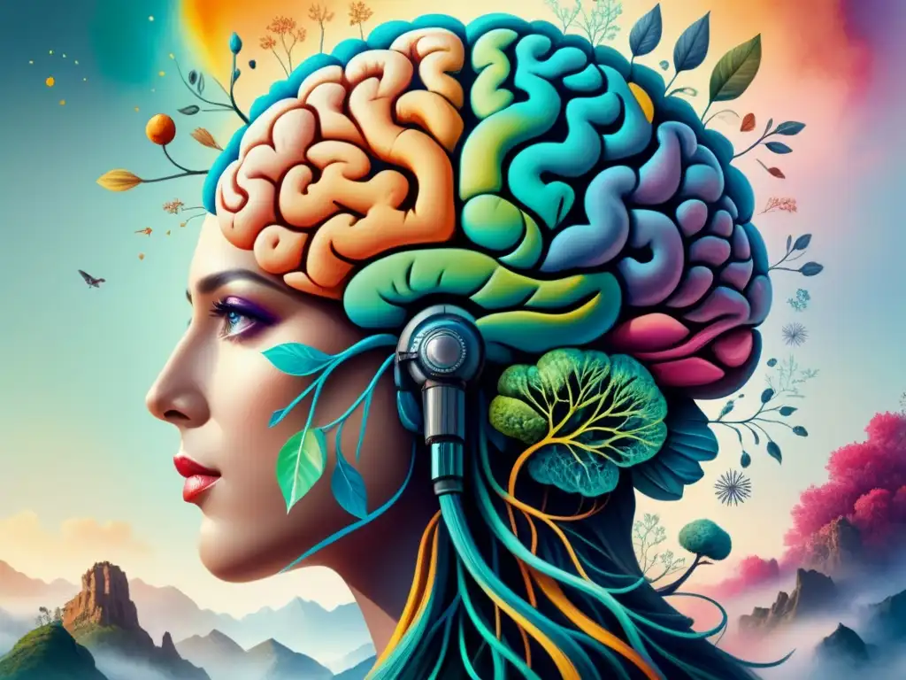 Brain Art: Fusión de ciencia y creatividad en acuarela Un cerebro vibrante se fusiona con pinceladas artísticas, representando las Artes visuales y ciencias cognitivas