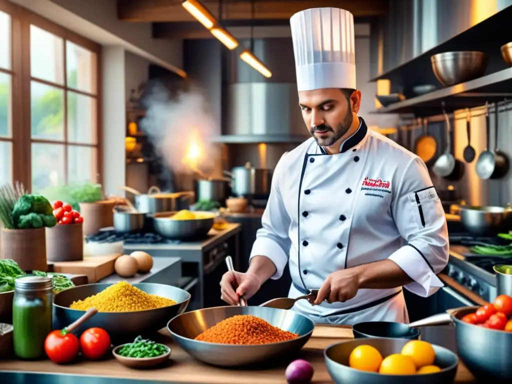 Un chef apasionado en una cocina bulliciosa, rodeado de ingredientes y utensilios de cocina coloridos