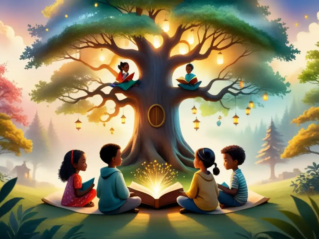 Un círculo mágico de niños de diferentes culturas escuchando un cuento bajo un árbol anciano con libros y luciérnagas