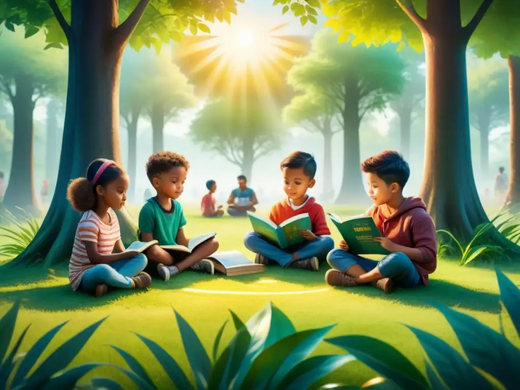 Un círculo de niños leyendo cómics educativos en un campo verde, rodeados de árboles coloridos