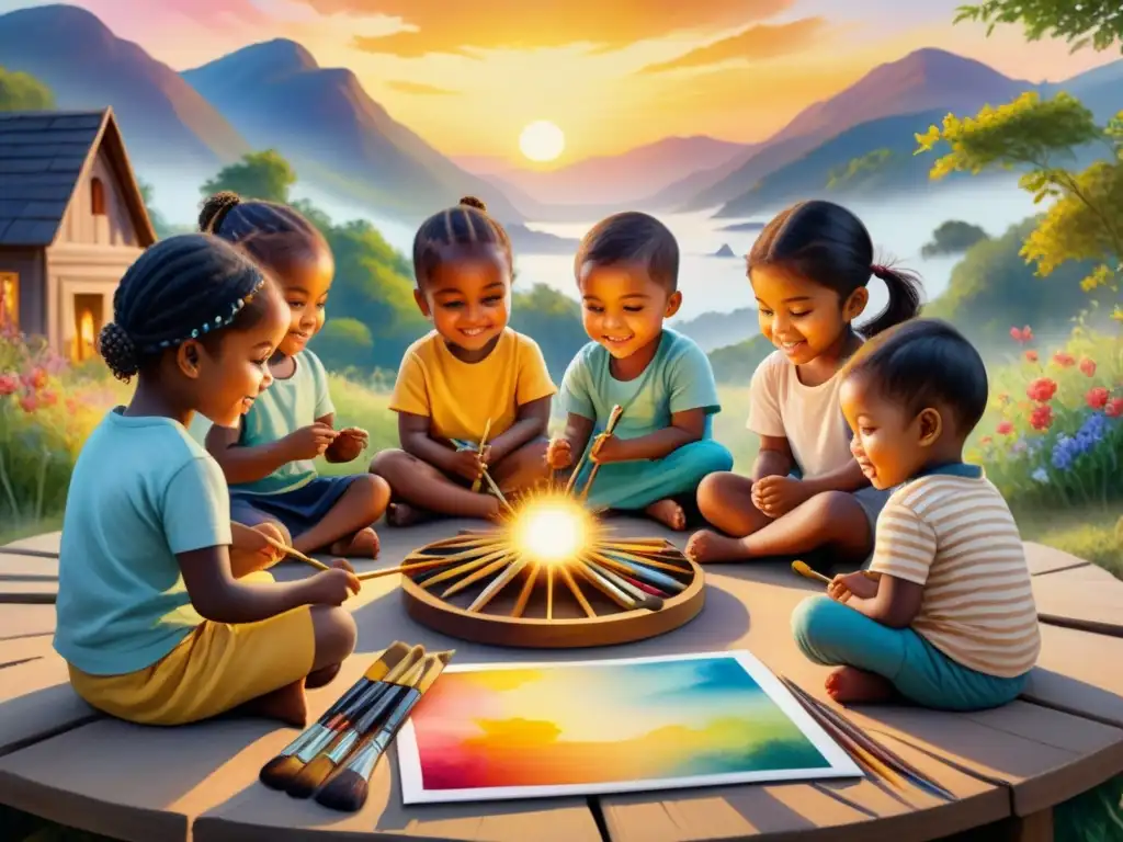 Un círculo de niños diversos pintando con entusiasmo al atardecer