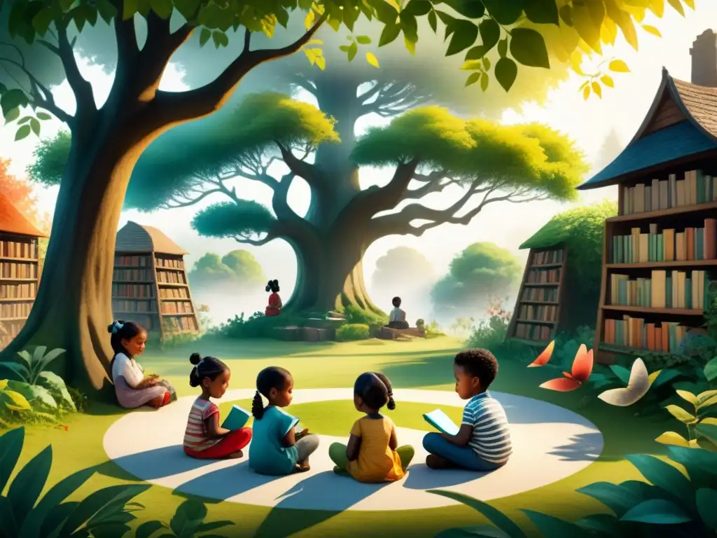 Un círculo de niños diversos leyendo libros bajo un árbol en un jardín vibrante