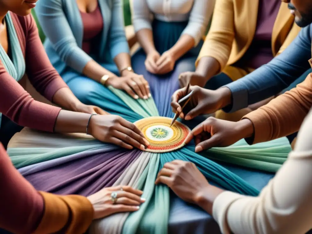 Un círculo de personas diversas disfrutando de la arte textil terapia grupal comunidad, creando juntos en armonía