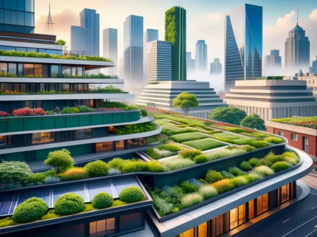 Cityscape de modernismo sostenible: edificios eco-friendly, arte urbano vibrante y naturaleza, fusionados para un impacto ambiental positivo