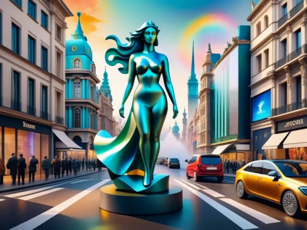 Una ciudad europea moderna con esculturas tradicionales y arte digital futurista integrados, ilustrando transformaciones de la escultura digital