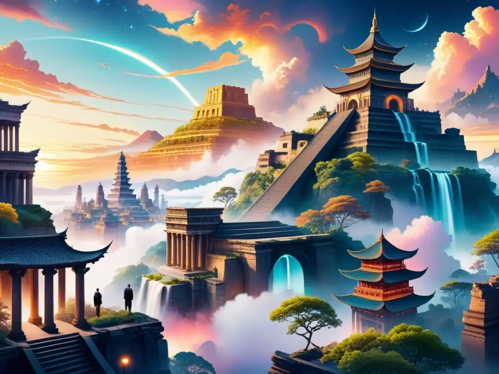 Acuarela detallada: ciudad futurista en armonía con la naturaleza Una ciudad fantástica mezcla arquitectura futurista con ruinas antiguas al atardecer