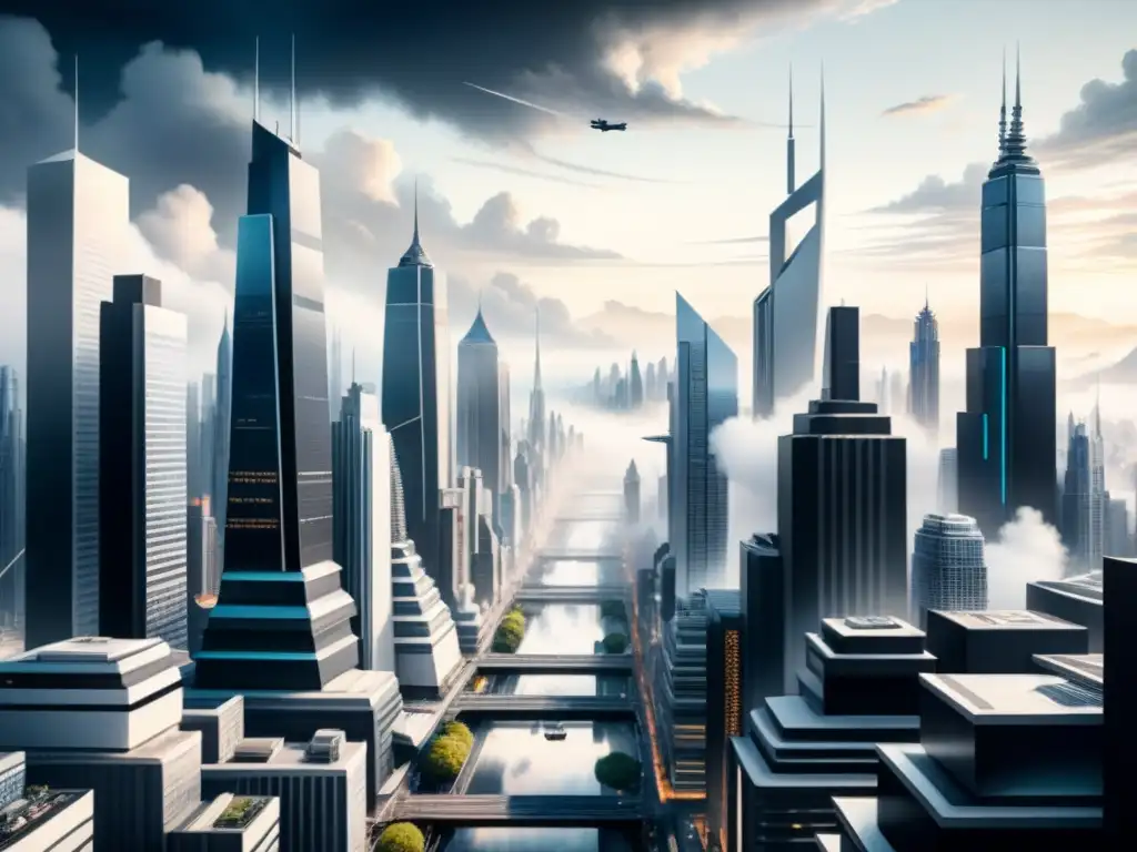 Una ciudad futurista en acuarela blanco y negro con potencial estético para animaciones