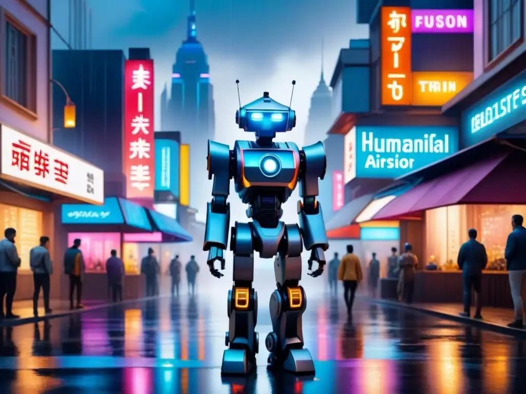 Una ciudad futurista en acuarela detallada con luces neón brillantes reflejadas en calles mojadas por la lluvia