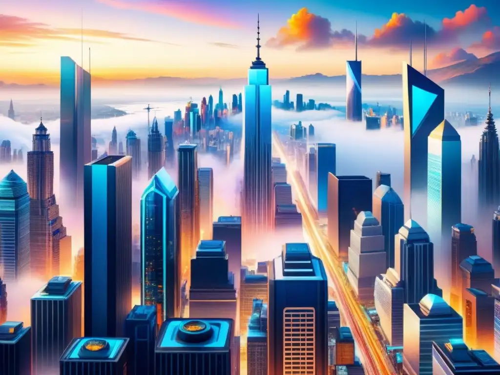 Una ciudad futurista en acuarela detallada, fusionando arte tradicional y digital con rascacielos adornados con patrones digitales y colores vibrantes