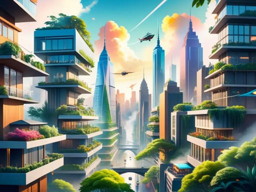 Una ciudad futurista donde la arquitectura urbana se fusiona con la naturaleza en una animación contemporánea vibrante