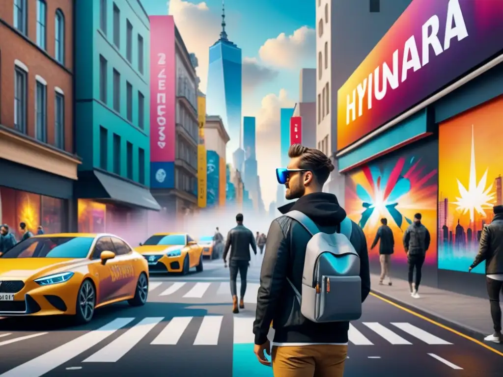 Una ciudad futurista con arte callejero realzado por tecnología de realidad aumentada