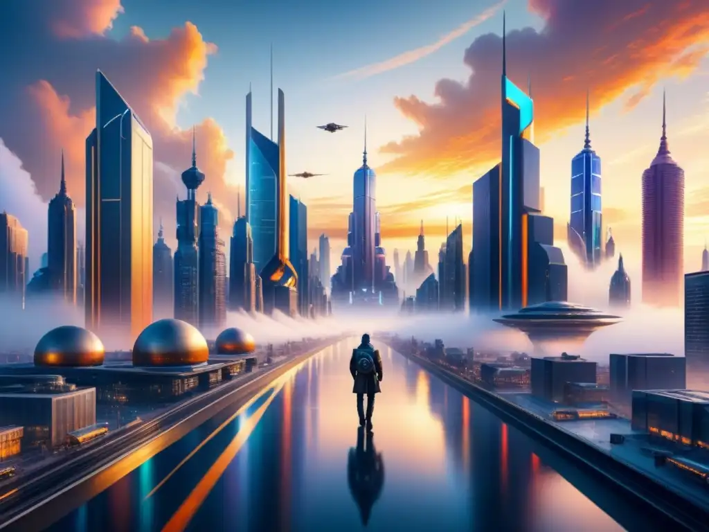 Cityscape futurista: fusión creativa entre arte y tecnología Una ciudad futurista donde arte y ciencia se entrelazan, creando nuevas dimensiones en un atardecer vibrante