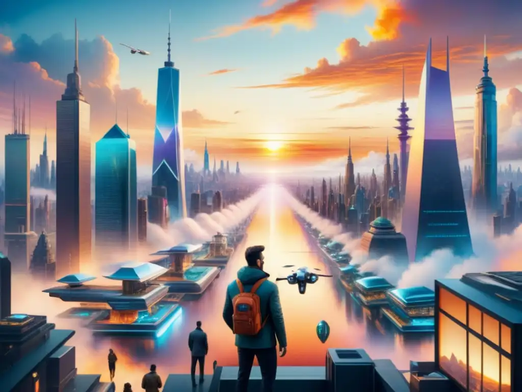 Acuarela futurista: Ciudad creativa y tecnológica al atardecer Una ciudad futurista donde se entrelazan arte y ciencia, con elementos tecnológicos y creativos en una vibrante puesta de sol