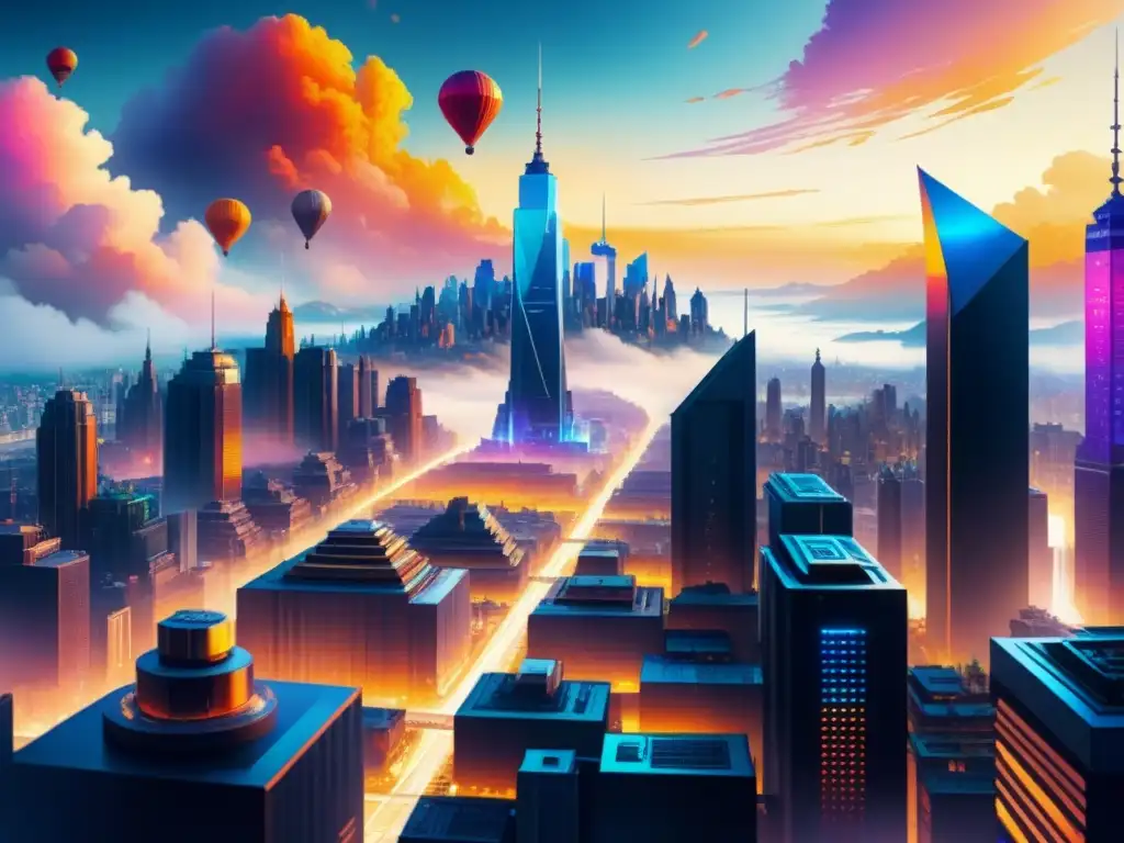 Cityscape futurista con NFTs integrados en la arquitectura Una ciudad futurista donde el arte generativo con NFTs se fusiona con la arquitectura, simbolizando la armonía entre lo tradicional y lo tecnológico