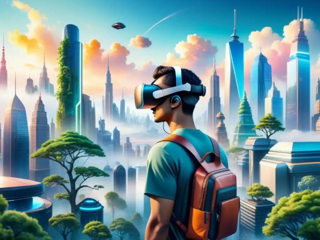 Una ciudad futurista donde el arte de la realidad virtual se fusiona con la naturaleza y la tecnología, mostrando una coexistencia armoniosa