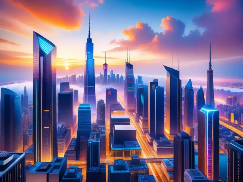 Una ciudad futurista al atardecer, con rascacielos brillantes reflejando el sol, luces de neón y patrones digitales