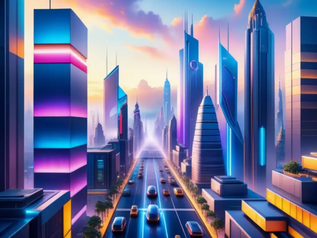 Una ciudad futurista con colores neón y estructuras metálicas, donde la Inteligencia Artificial en el arte crea un paisaje visualmente impresionante