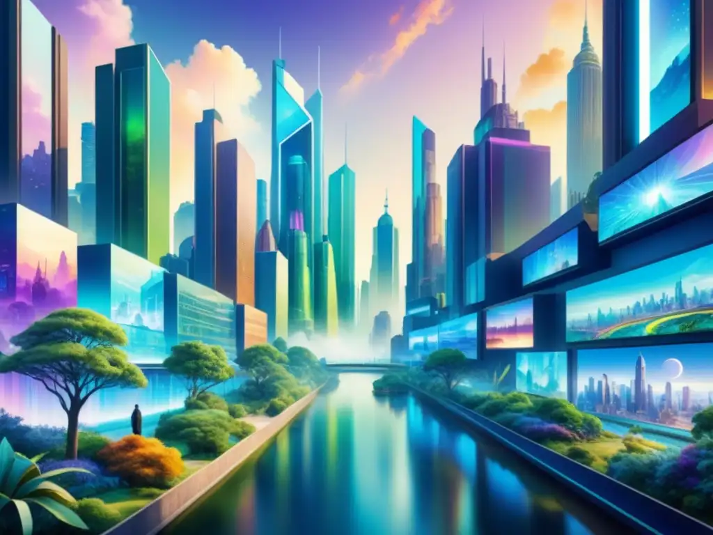 Una ciudad futurista fusionada con la naturaleza, destacando arte digital en narrativa visual