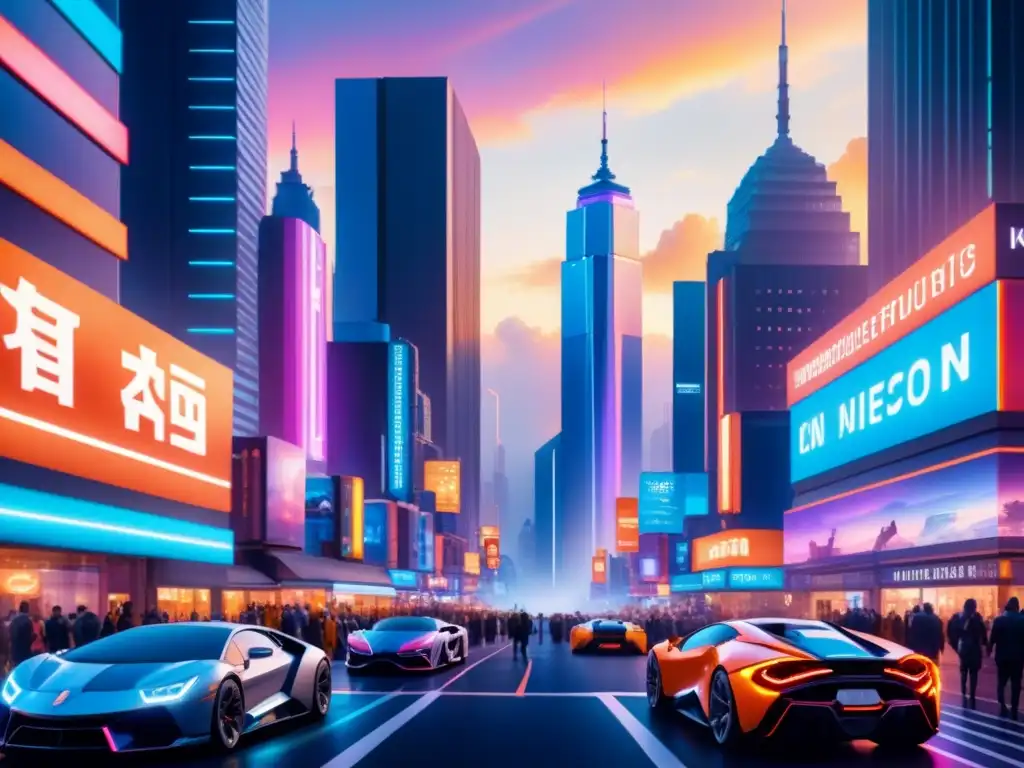 Una ciudad futurista de gran impacto visual, fusionando tecnología y arte en un atardecer de neón