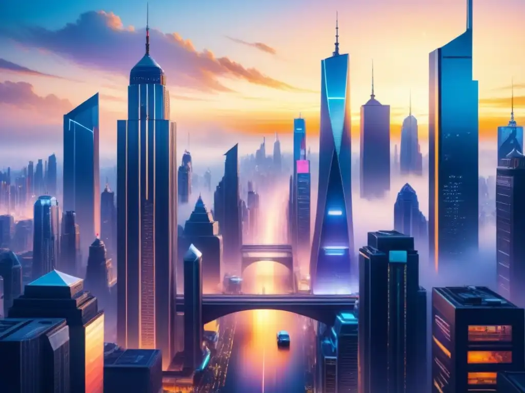 Una ciudad futurista iluminada por un cálido atardecer, llena de rascacielos y arte digital en narrativa visual