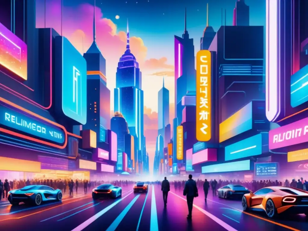 Cityscape futurista: arte digital y tecnología en colores vibrantes Una ciudad futurista iluminada por luces de neón con arte generativo y NFTs
