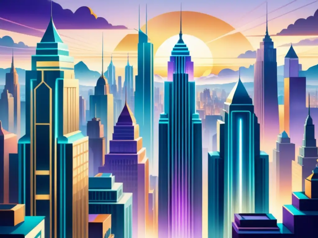 Una ciudad futurista con influencia del Modernismo en animación, muestra rascacielos geométricos en tonos de teal, oro y violeta al atardecer