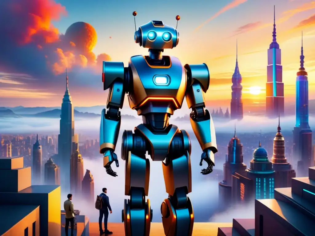 Una ciudad futurista donde la inteligencia artificial y artistas interactúan, fusionando tecnología y arte al atardecer