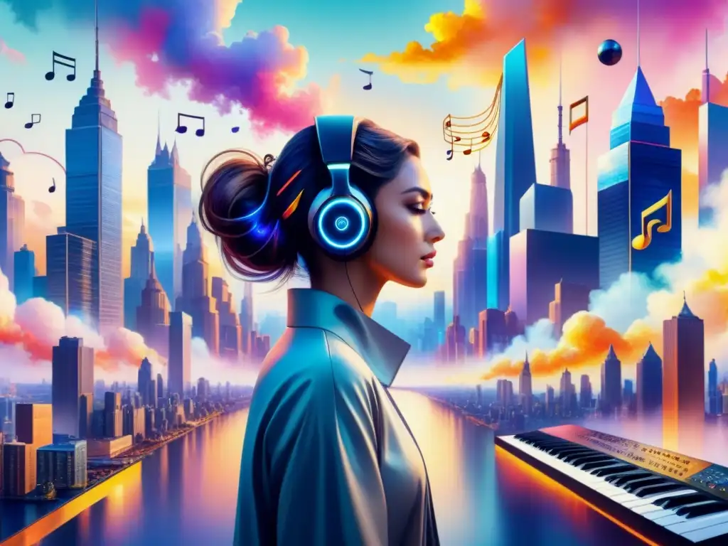 Una ciudad futurista donde la Inteligencia Artificial en Arte Sonoro se fusiona con la creatividad humana, rodeada de colores y notas musicales