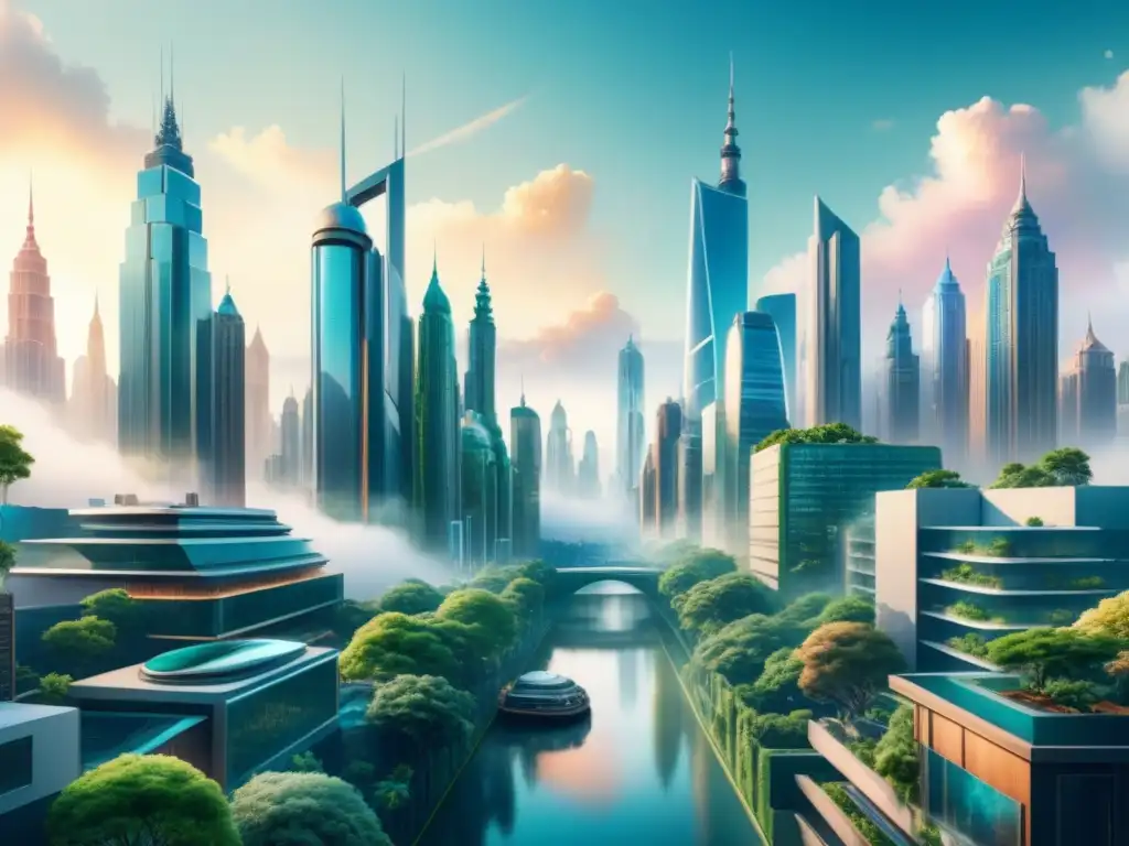 Una ciudad futurista se fusiona con la naturaleza en una acuarela, reflejando tendencias arte postmoderno emergentes