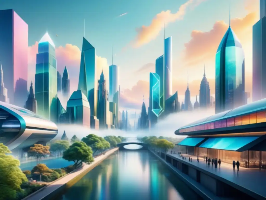 Una ciudad futurista se fusiona con la naturaleza en una acuarela detallada, mostrando Arte digital en narrativa visual