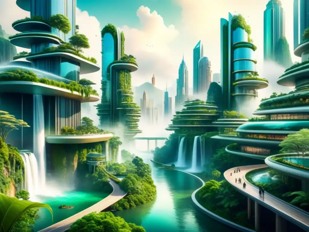 Una ciudad futurista se fusiona con la naturaleza, mostrando la intersección arte ciencia fronteras estéticas