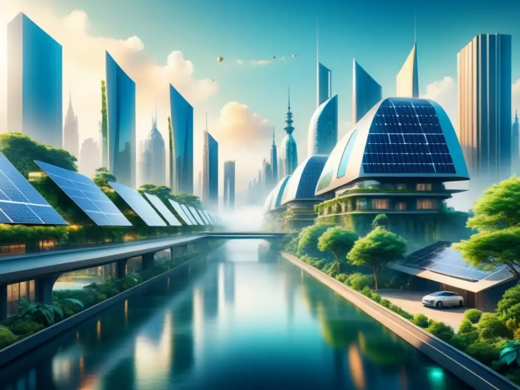 Una ciudad futurista se fusiona con la naturaleza, reflejando la convergencia de arte y tecnología en una escena postmoderna