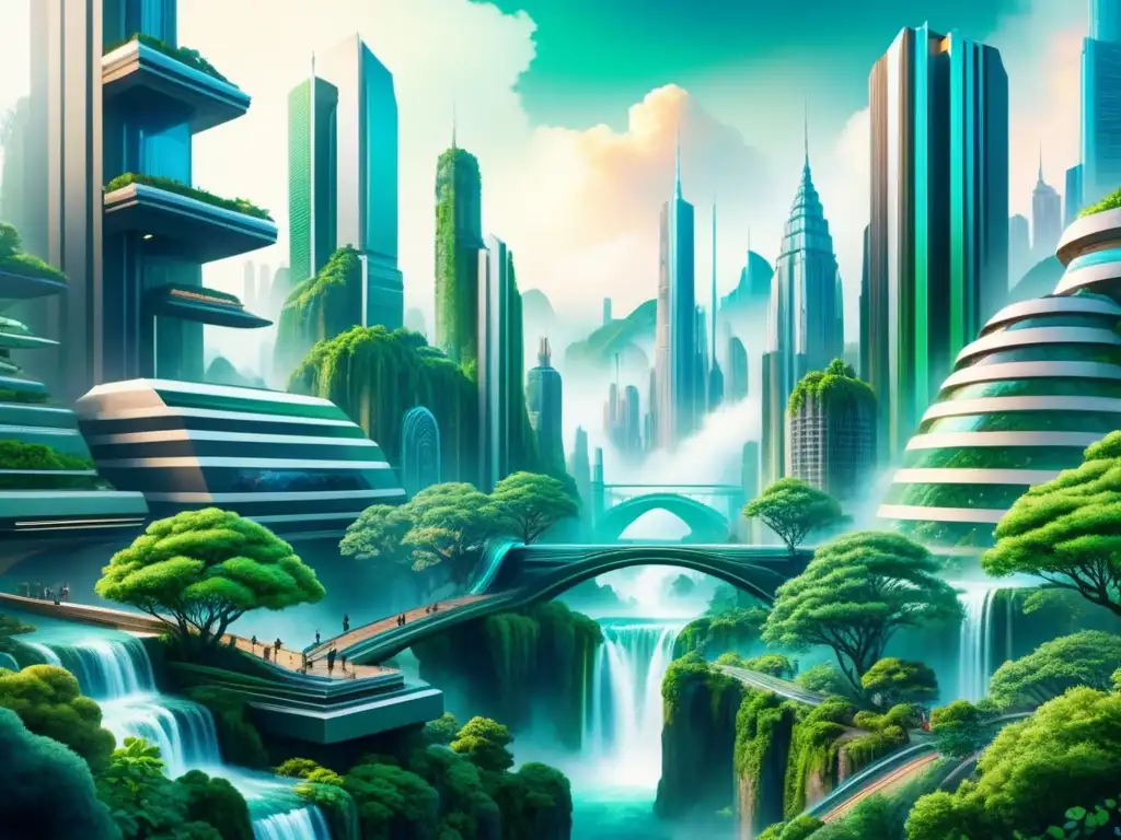 Una ciudad futurista se fusiona con la naturaleza en una narrativa visual arte digital de colores vivos y armoniosos