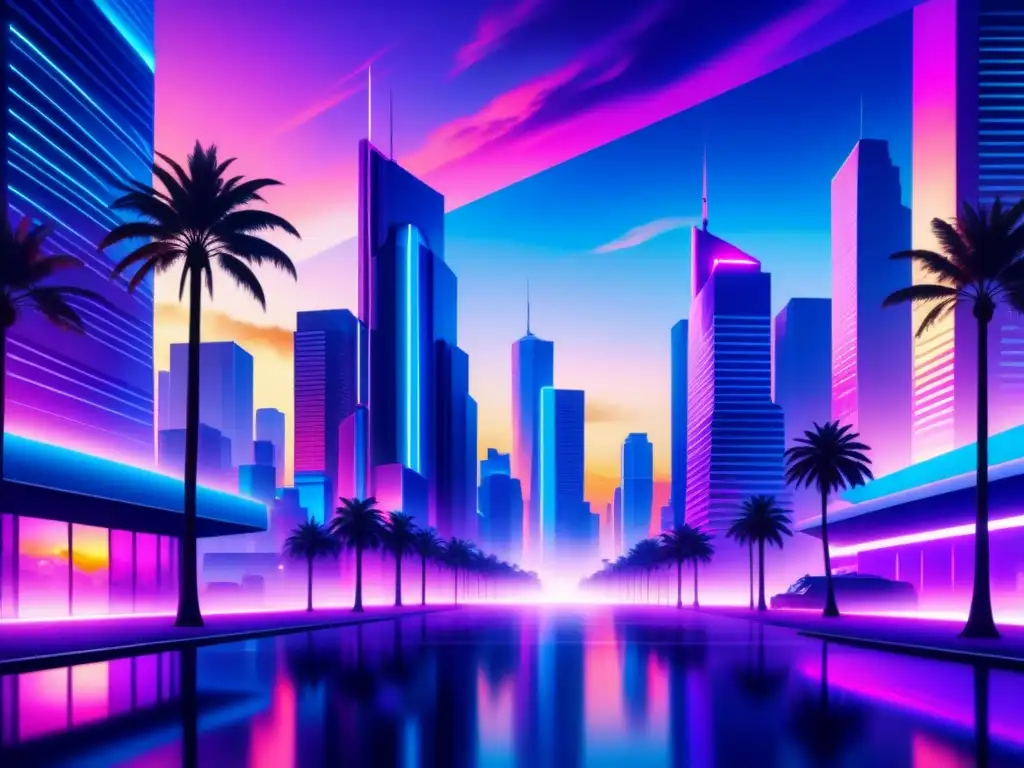 Una ciudad futurista de noche con luces neón y un impacto del Vaporwave en estética