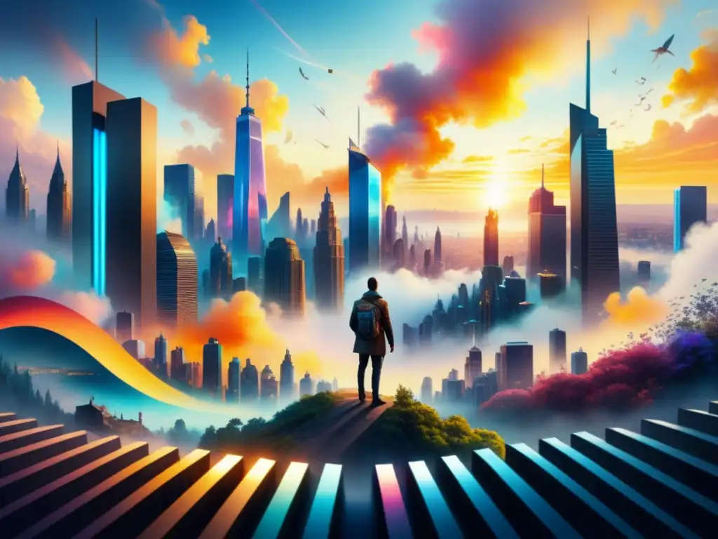 Cityscape futurista: sinfonía de arte y música en acuarela Una ciudad futurista donde ondas de sonido y arte visual se entrelazan en una sinfonía de música y colores vibrantes
