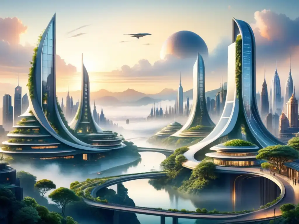 Una ciudad futurista y onírica al anochecer; arquitectura innovadora fusionada con la naturaleza, creando espacios estéticos