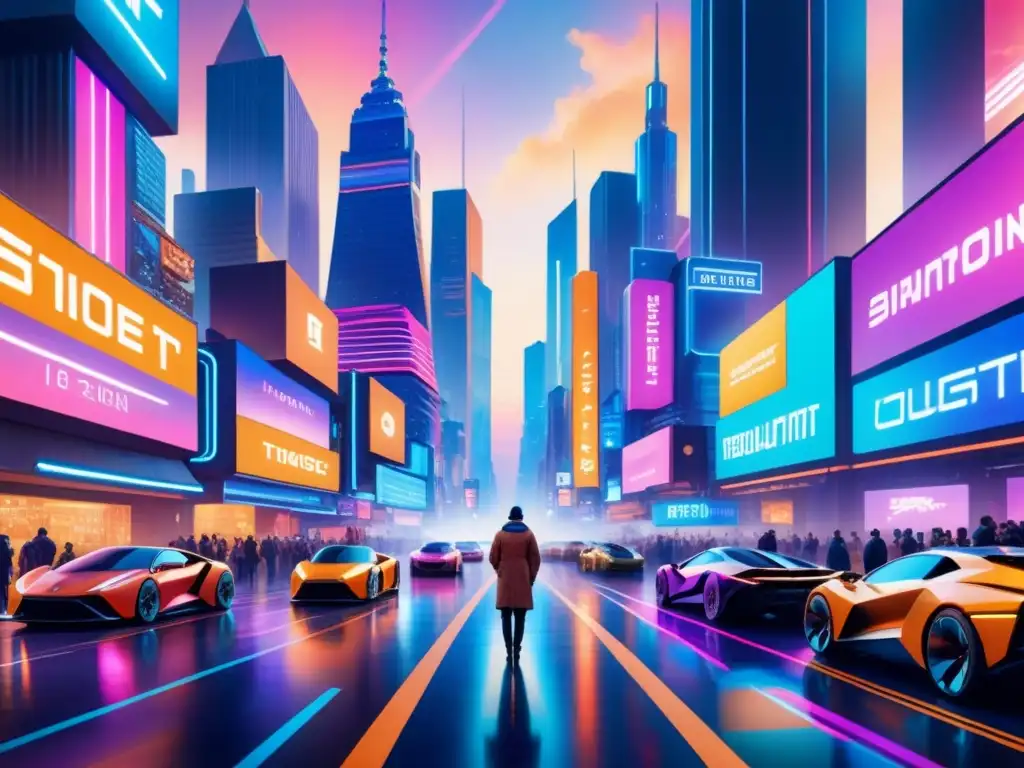 Una ciudad futurista vibrante con arte digital, tecnología y NFTs