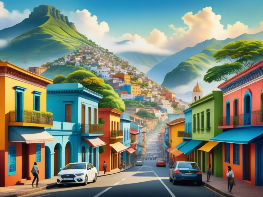 Una ciudad latinoamericana vibrante con edificios coloridos, artistas callejeros y montañas verdes