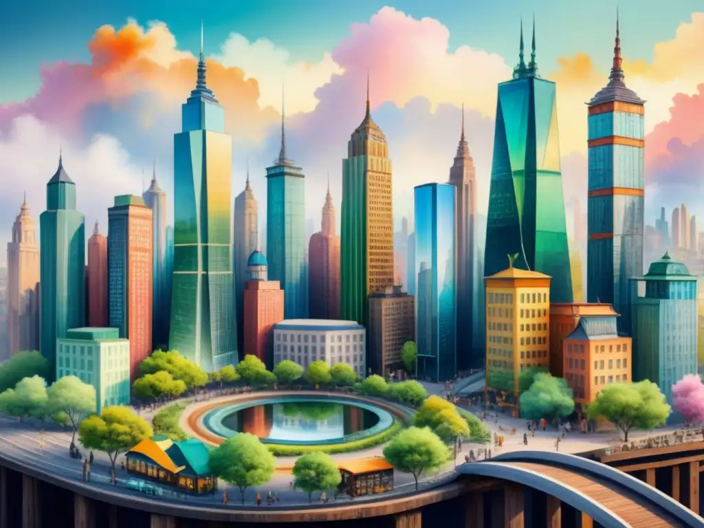Cityscape eco-friendly: pintura acuarela con materiales reciclados Una ciudad sostenible hecha de materiales reciclados, con rascacielos de botellas y calles de neumáticos, llenas de vida y color