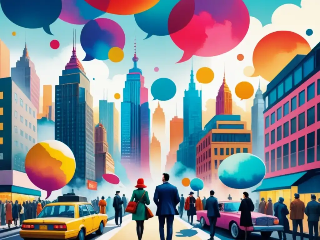 Cityscape pop art: Energía y creatividad en acuarela Una ciudad vibrante en acuarela con elementos icónicos del Pop Art y narrativa postmodernista