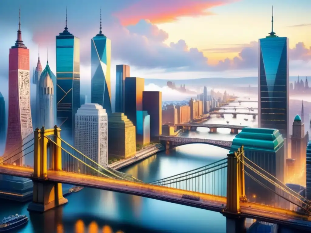Cityscape postmodernista: Red global de arte vibrante Una ciudad vibrante con galerías de arte y museos de todo el mundo, conectados por puentes coloridos