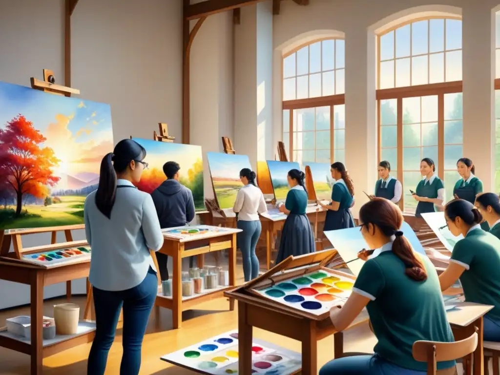 Clase de arte: acuarela detallada con estudiantes y maestro Una clase de arte tradicional llena de estudiantes practicando técnicas de pintura bajo la guía de un profesor