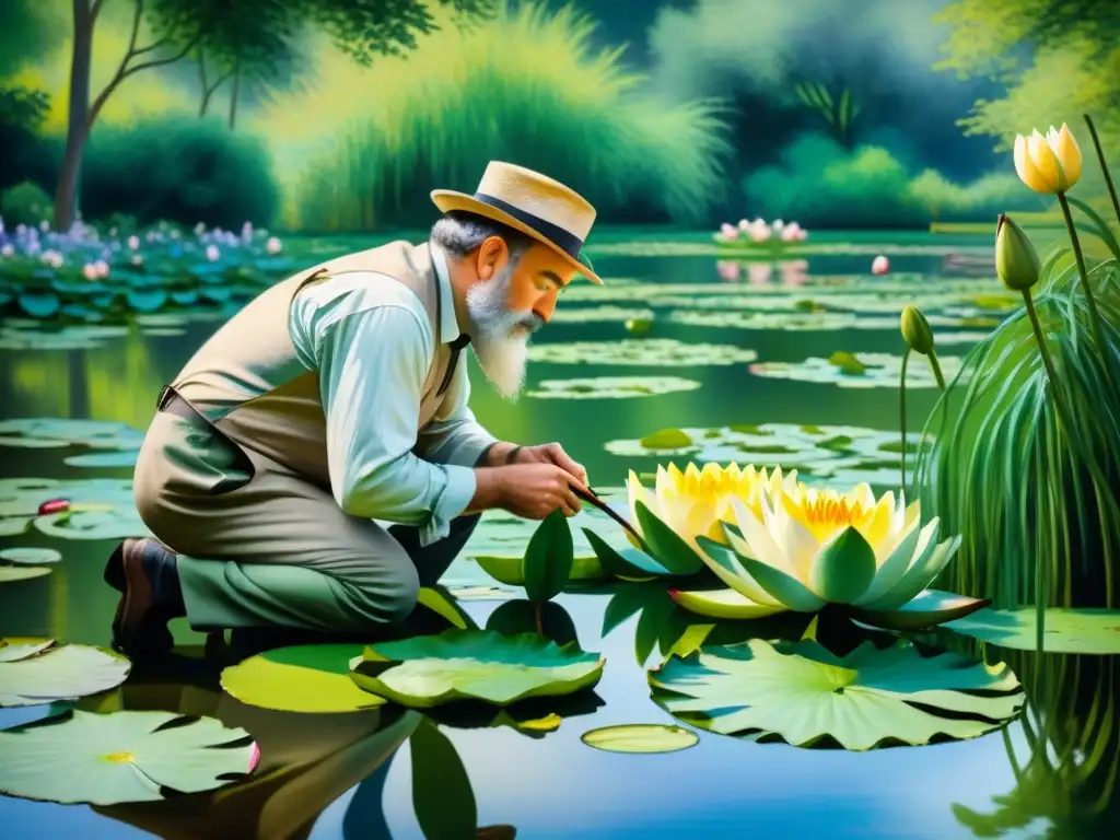 Claude Monet pintando en su jardín de Giverny, reflejando la serenidad de la naturaleza que inspiró sus obras maestras