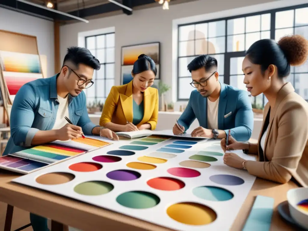 Una colaboración artística entre diseñadores asiáticos en un estudio moderno con paletas de colores y telas vibrantes